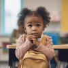 Preschool age girl in classroom, hands folded and eyes forward
